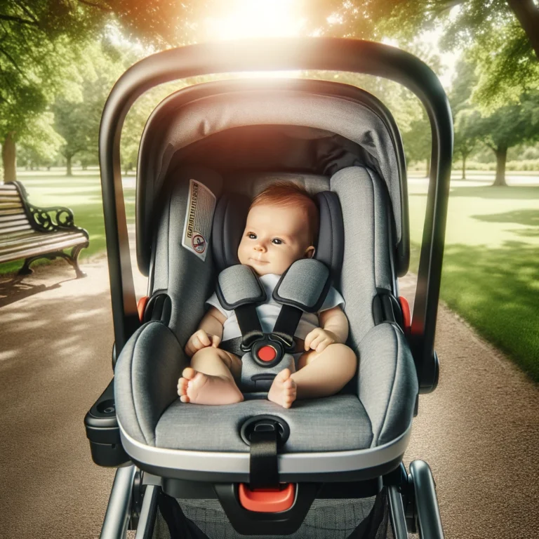 A joyful baby in a car seat connected to a stroller with a Baby Trend adapter in a sunny park.