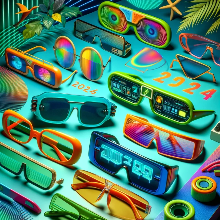 A diverse array of 2024 sunglasses trends featuring eco-friendly materials, high-tech enhancements, and retro designs against a backdrop symbolizing innovation and sustainability.