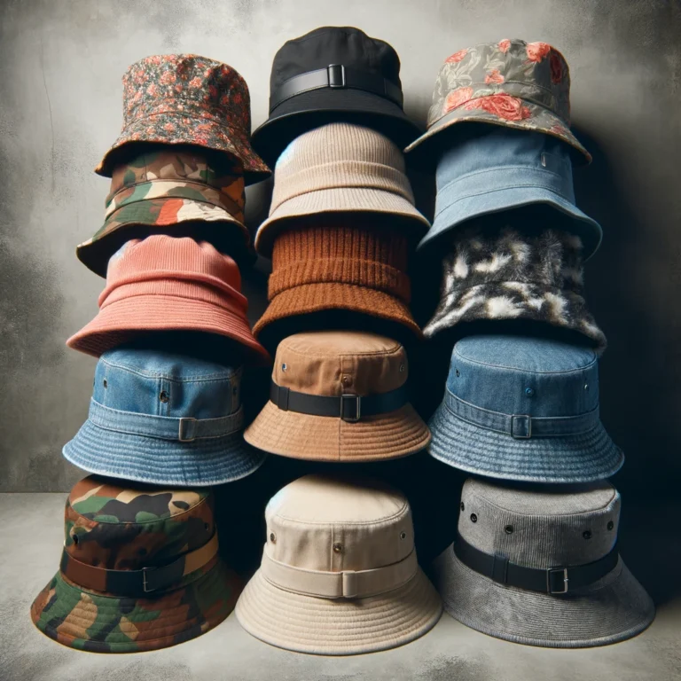 A collection of bucket hats in various materials and patterns, from floral to camo, showcasing their fashion versatility.