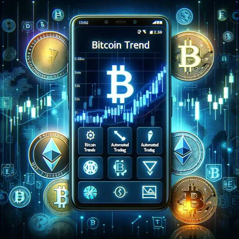 A smartphone showcasing the Bitcoin Trend App's interface with features for market trends, automated trading, against a backdrop of cryptocurrency symbols.