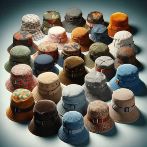 A vibrant display of bucket hats in cotton, leather, and corduroy with floral, geometric, and solid patterns, showcasing their fashion versatility.