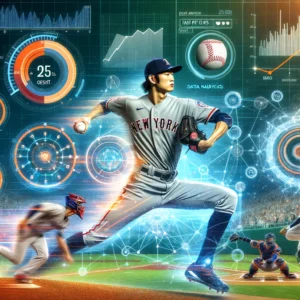 A vibrant collage showcasing the evolution of Major League Baseball with illustrations of data analytics, Shohei Ohtani pitching, a visual representation of fast pitches, and the integration of advanced technology in the sport.