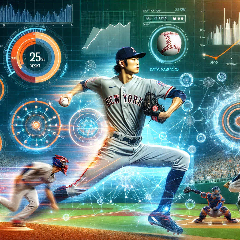 A vibrant collage showcasing the evolution of Major League Baseball with illustrations of data analytics, Shohei Ohtani pitching, a visual representation of fast pitches, and the integration of advanced technology in the sport.