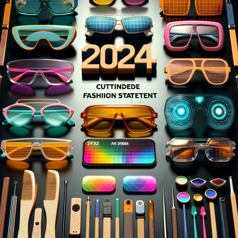 A vibrant collection of 2024's latest sunglasses trends including '70s-inspired frames, sleek '80s aviators, neon colors, and AR glasses, all made with sustainable materials.