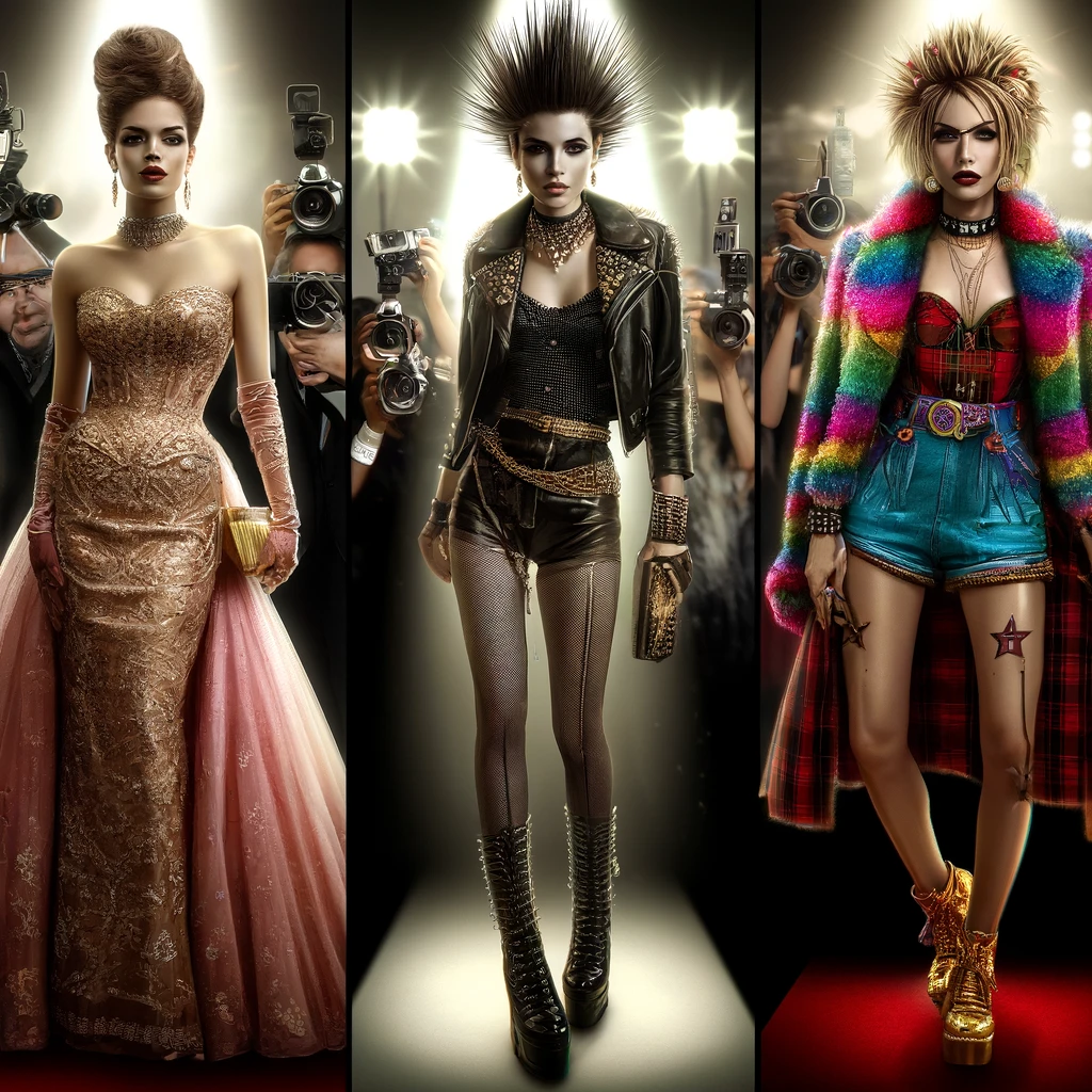 A montage of celebrities in iconic outfits, highlighting their influence on global fashion trends and pop culture.