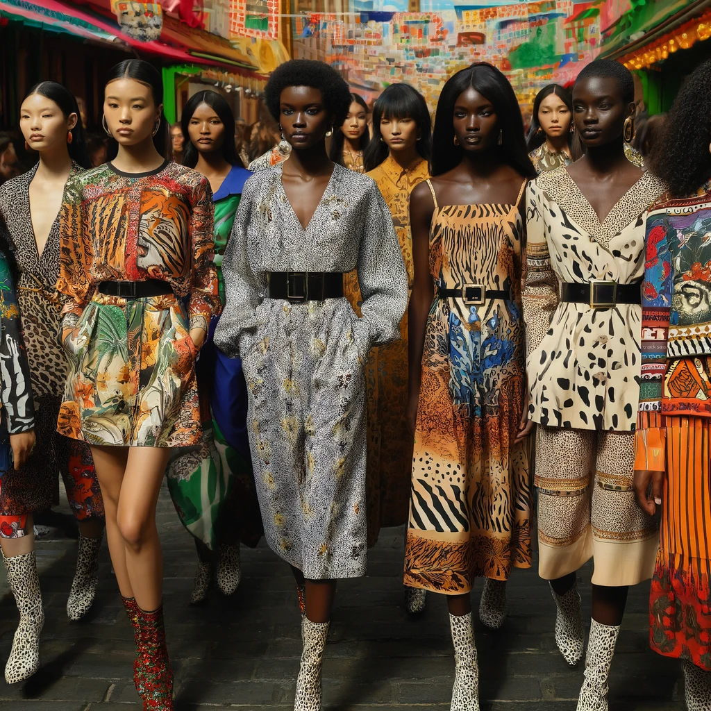 A lively display of outfits featuring bold prints and patterns, capturing the essence of this vibrant fashion trend.