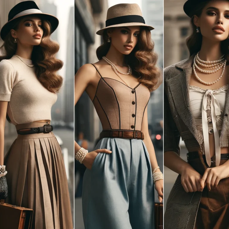 A fashion-forward ensemble featuring revived vintage trends, combining past elegance with modern flair.