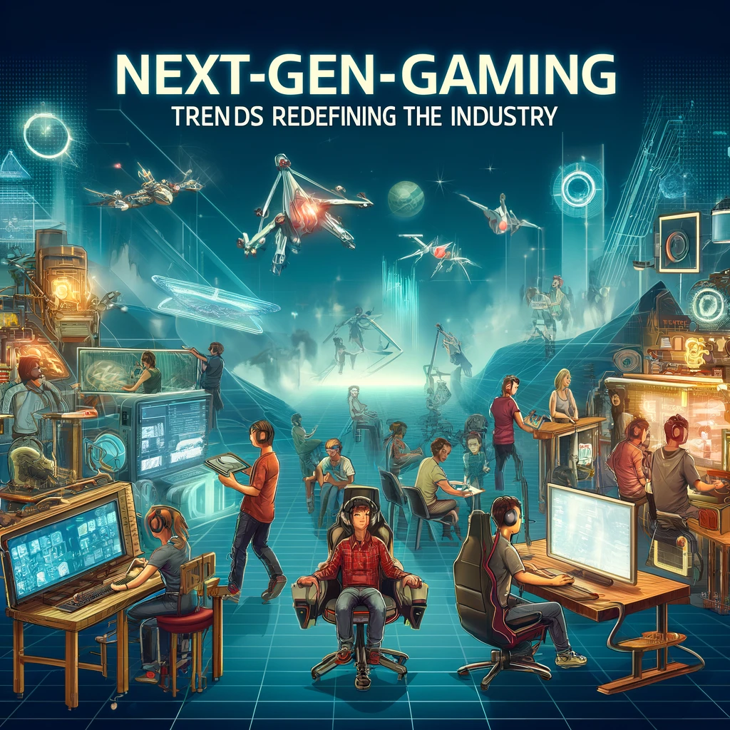 A dynamic visual montage of next-gen gaming consoles and immersive gaming environments, showcasing cutting-edge technology and design.